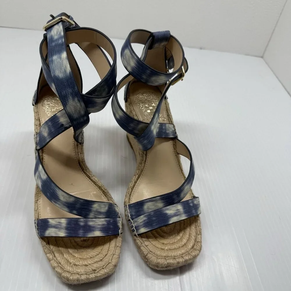 Vince Camuto Espadrille Wedge Sandals Blue Watercolor Leather Ankle Strap 6